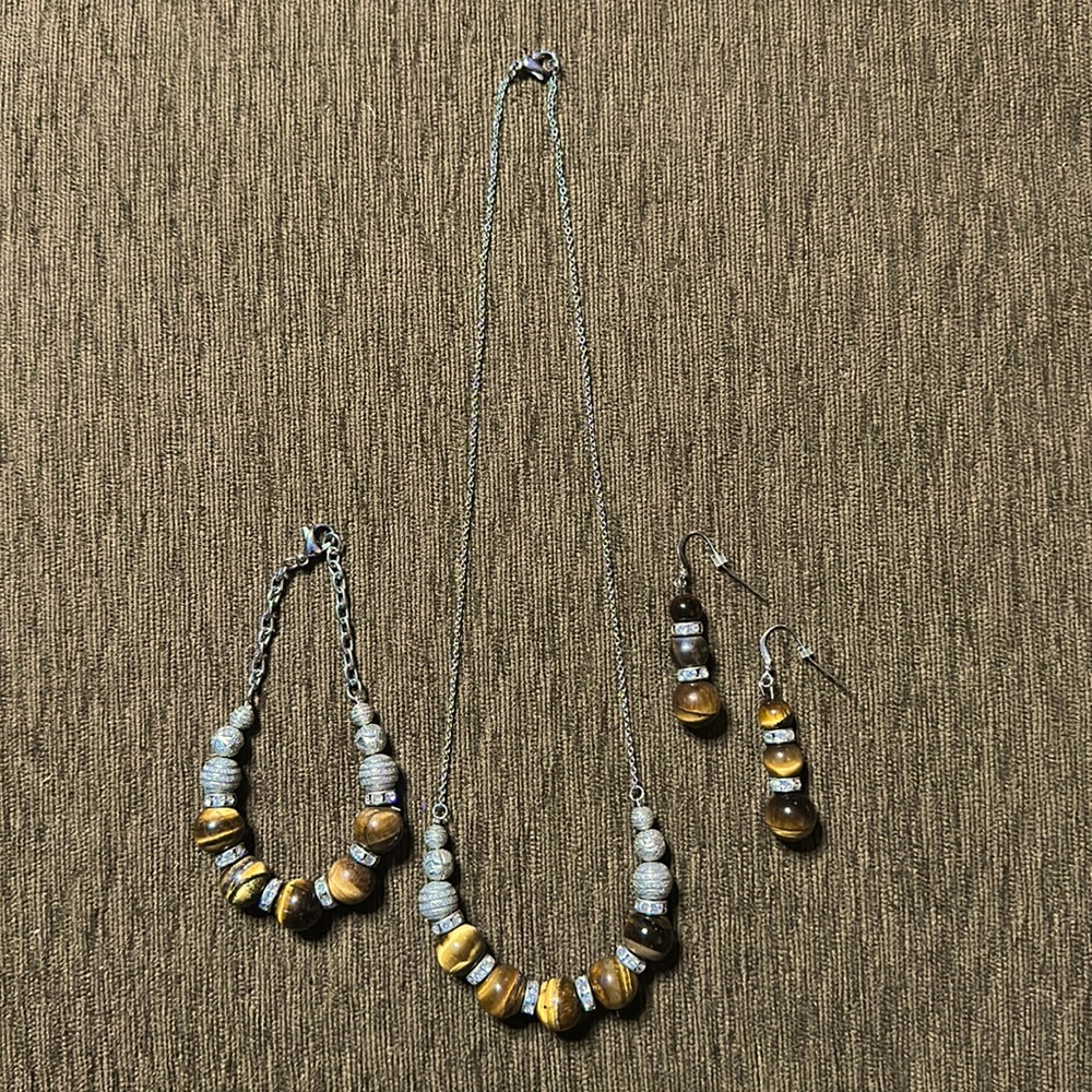 Tiger’s Eye & Stainless Steel 4pc set Necklace, Earrings and Bracelet